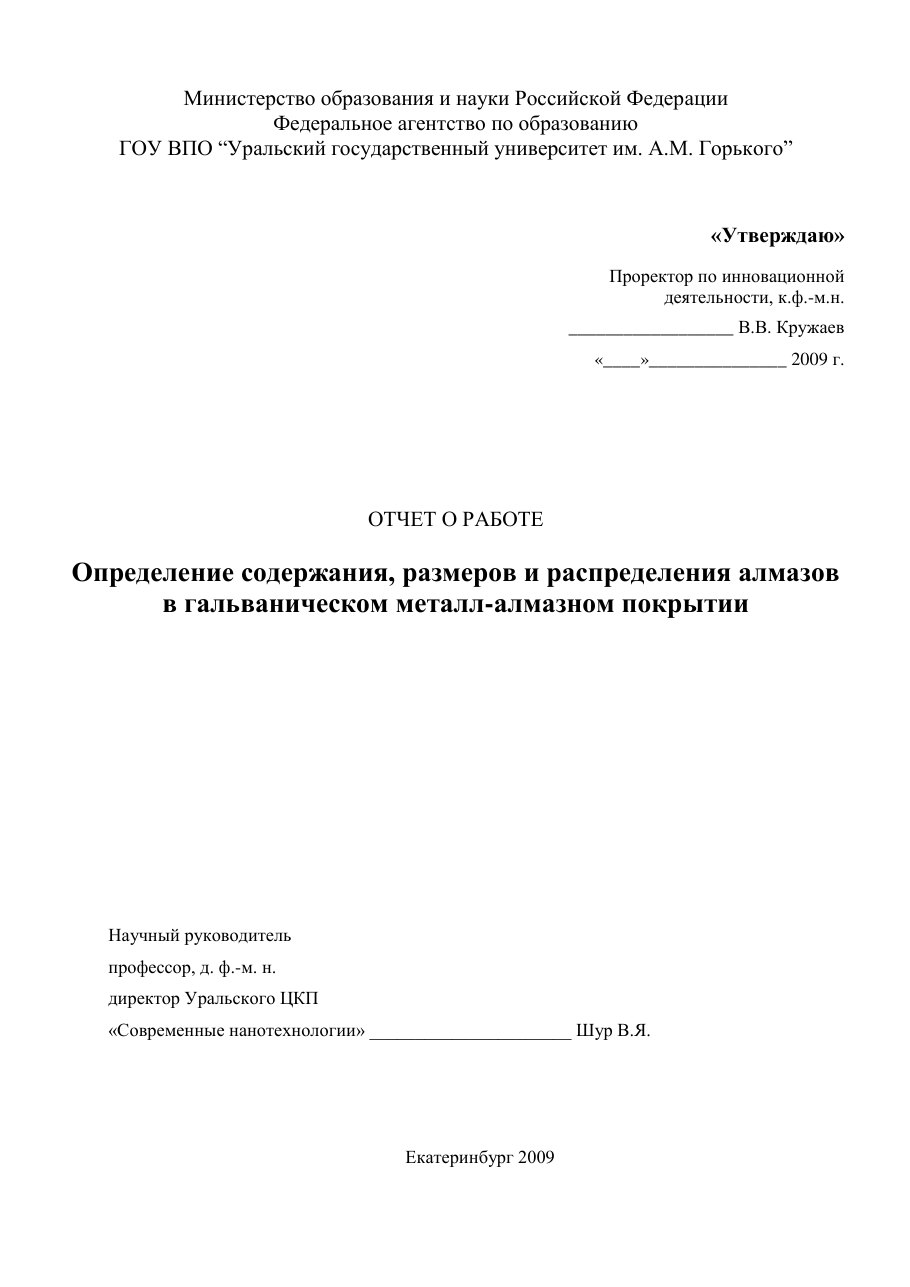 Отчет Уральского ЦКП «Современные нанотехнологии», УрГУ им. А.М. Горького, 2009